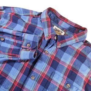 Duluth Trading XXL Free Swinging Relaxed Flannel Untucked Shirt Blue Red Plaid